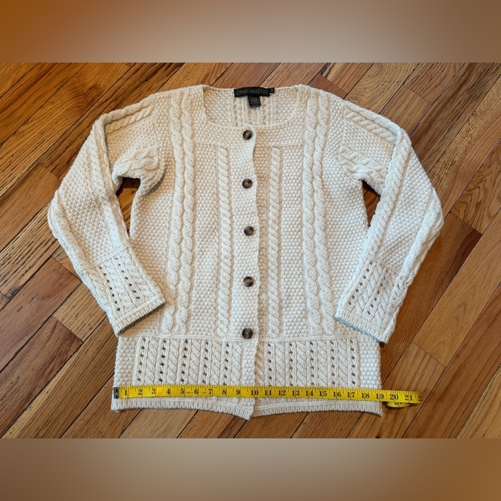 Inis Crafts 100% Wool Cardigan Sweater Cable Knit Square Neck Ivory Womens Sz M - Picture 13 of 15